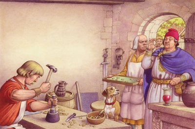 Le roi Offa examine les pièces de monnaie fabriquées à la Monnaie royale de Mercie (gouache sur papier) - Pat (1907-95) Nicolle