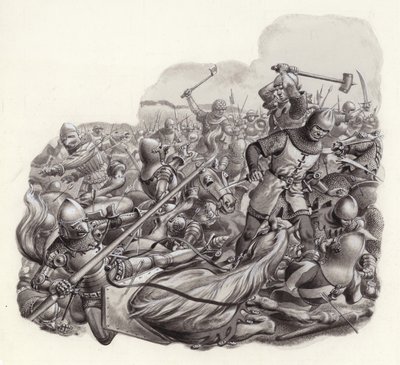 Chevaliers massacrés sur le champ de bataille (gouache sur papier) - Pat (1907-95) Nicolle