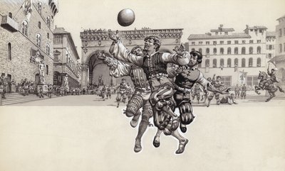 Jouer au football à Florence (gouache sur papier) - Pat (1907-95) Nicolle