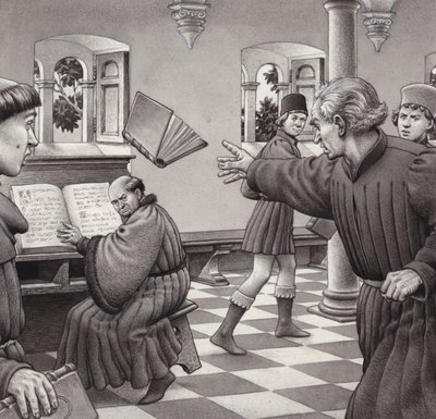 Poggio Bracciolini jette un livre sur un confrère, Tortelli (gouache sur papier) - Pat (1907-95) Nicolle