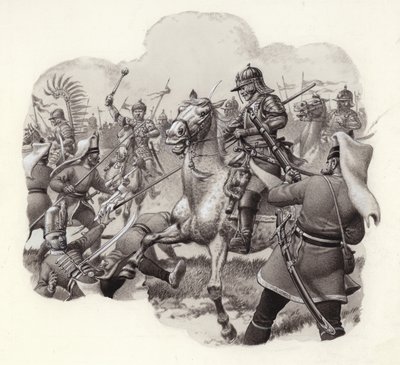 La cavalerie polonaise affronte des régiments de janissaires turcs à Vienne en 1683 (gouache sur papier) - Pat (1907-95) Nicolle
