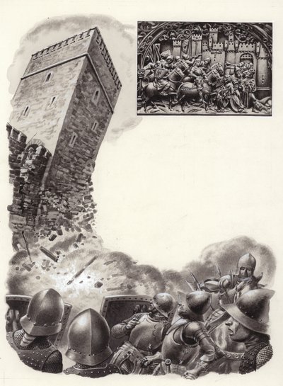 Soldats espagnols faisant sauter des fortifications avec de la poudre à canon (gouache sur papier) - Pat (1907-95) Nicolle