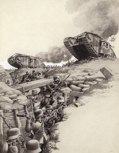 Des chars roulent sur les tranchées allemandes pendant la Grande Guerre (gouache sur papier) - Pat (1907-95) Nicolle