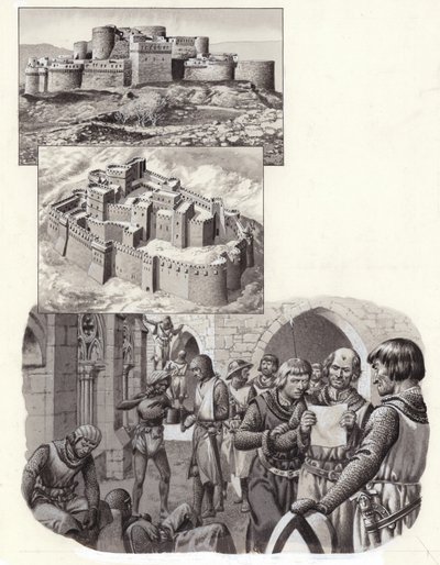La forteresse du Krak des Chevaliers (gouache sur papier) - Pat (1907-95) Nicolle
