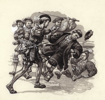 William Herbert attaque un passant innocent à Bristol (gouache sur papier) - Pat (1907 95) Nicolle