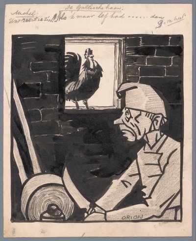 Homme aiguisant un couteau tandis que le coq français chante - Patricq Kroon (signed by artist)