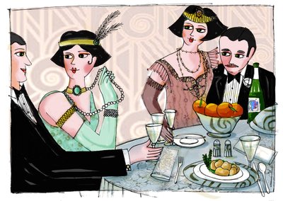 Illustration représentant un dîner mondain dans "Gatsby le Magnifique" de l