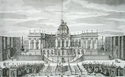 La Grande Grotte et le Jardin de la Fontaine au Palais et Jardins de Plaisir Princier, Berlin, gravé par Johann August Corvinus, publié vers 1711-16 - Paul Decker