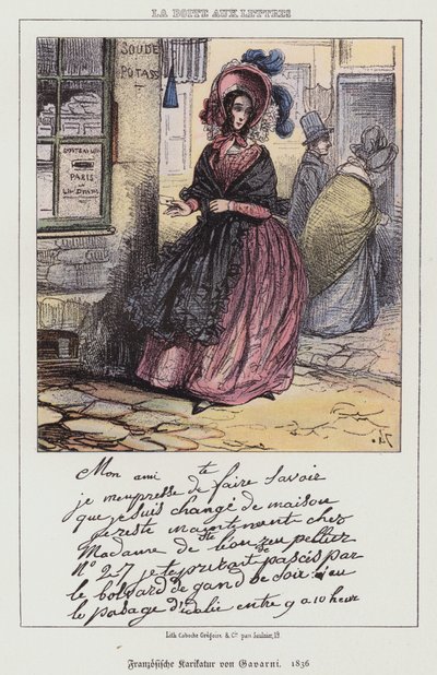 Femme allant poster une lettre, dessin humoristique français - Paul (after) Gavarni