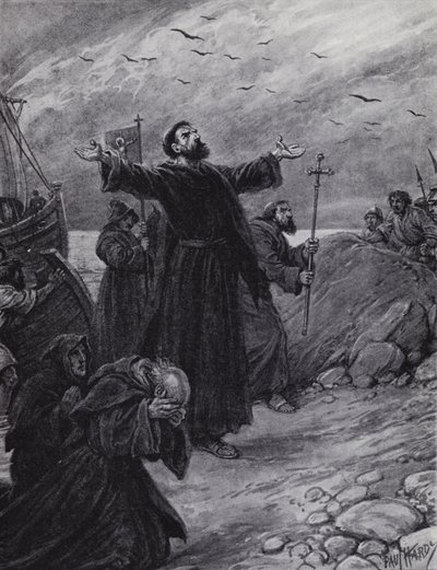 Saint Augustin arrivant dans le Kent, 597 après J.-C. (lithographie) - Paul (after) Hardy