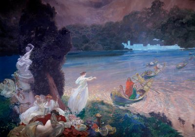 Île heureuse : scène de fable représentant des bateaux rejoignant des invités à un banquet sur l