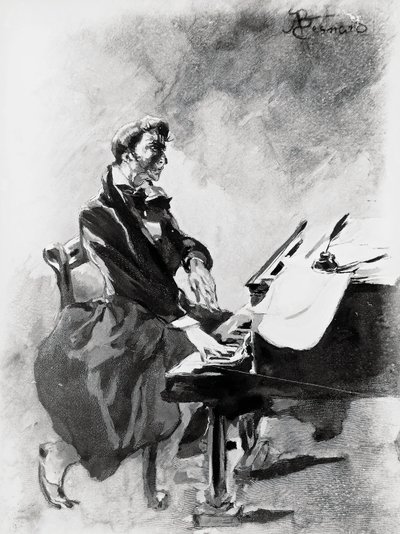 Le compositeur et pianiste Frédéric Chopin jouant du piano, par Albert Besnard - Paul Albert Besnard