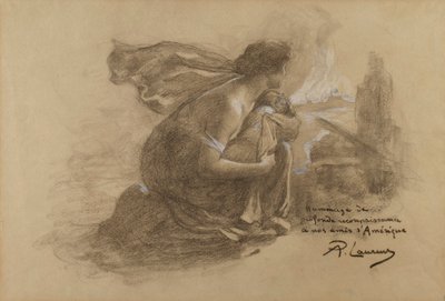 Mère et enfant et village en flammes - Paul Albert Laurens