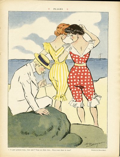 Illustration de Paul Balluriau (1860-1917) dans Le Rire, 01/08/08 - Plages - Loisirs, Amour, Mode, Marine maritime, Maillots de bain - Paul Balluriau