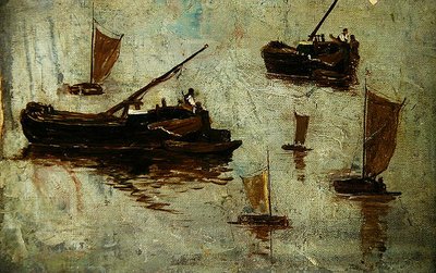 Deux barges et quatre petits voiliers sur l