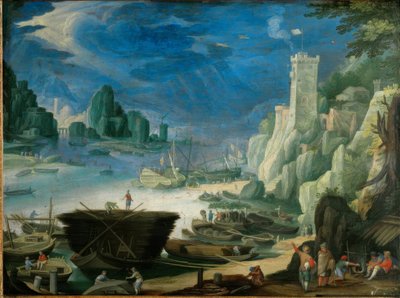 Paysage portuaire nocturne avec phare - Paul Bril