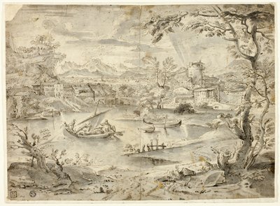 Vue de la ville avec bateau de pêche au premier plan - Paul Bril