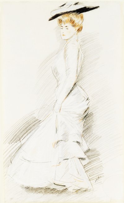 Une dame élégante en robe blanche - Paul Cesar Helleu