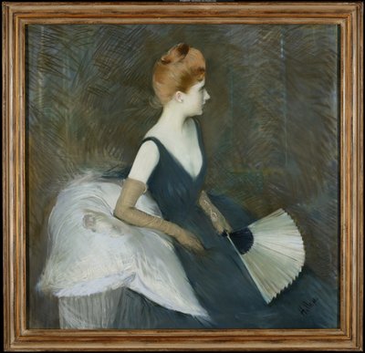 Madame Marthe Letellier assise sur un canapé, tenant un éventail, vers 1895 - Paul Cesar Helleu