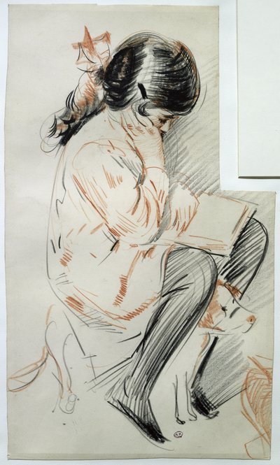 Paulette lisant assise sur son chien jouet - Paul Cesar Helleu