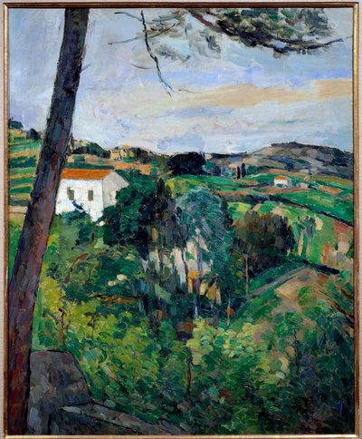 Paysage avec toits rouges ou pin à l
