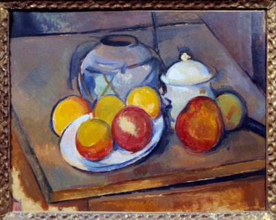 Vase de paille, sucrier et pommes - Paul Cézanne