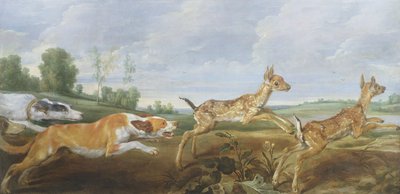 Une scène de chasse : chiens poursuivant deux faunes - Paul De Vos