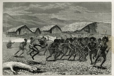 Descente des guerriers Papus Arfaks à Dorey (Nouvelle-Guinée occidentale), gravure par E. Mesples, pour illustrer le voyage en Nouvelle-Guinée par Achille Raffray, chargé d