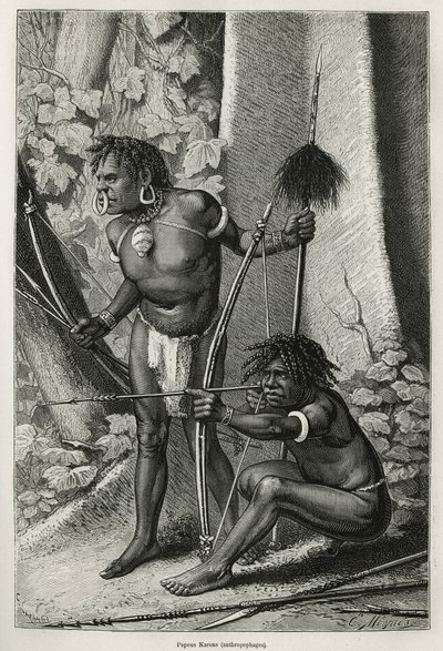 Portraits de deux papous Karons, anthropophages. Gravure pour illustrer le voyage en Nouvelle-Guinée par Achille Raffray, chargé d