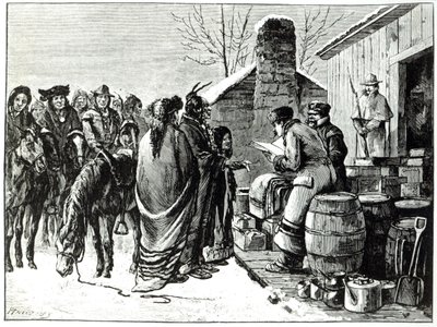 Indiens de la réserve recevant des rations des agents du gouvernement (gravure) - Paul Frenzeny