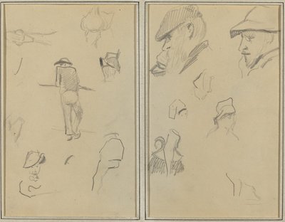 Un homme appuyé contre un mur avec cinq autres études; Deux hommes barbus portant des chapeaux, et cinq autres études [recto] - Paul Gauguin