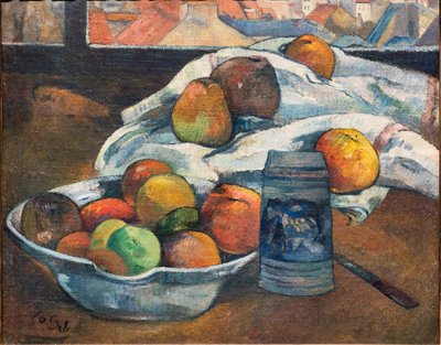Bol de fruits et une chope devant une fenêtre, vers 1890 - Paul Gauguin