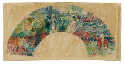 Conception pour un éventail avec un paysage et une statue de la déesse Hina - Paul Gauguin