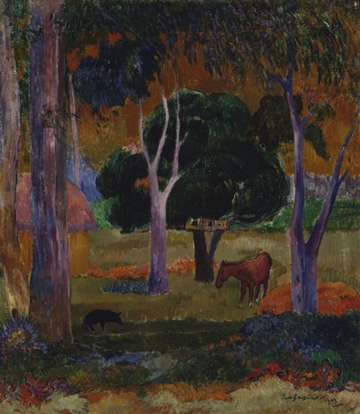 Paysage de Hiva Oa avec un cochon et un cheval - Paul Gauguin