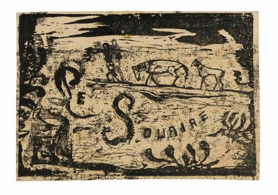 Homme portant des bananes suivi de deux chevaux, en-tête pour Le sourire - Paul Gauguin