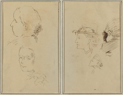 Deux études de têtes et une femme nue accroupie ; deux têtes de femmes et une tête d