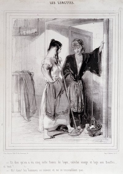 Deux femmes pauvres en conversation sur les escaliers à propos des hommes, « Les Lorettes » - Paul Gavarni