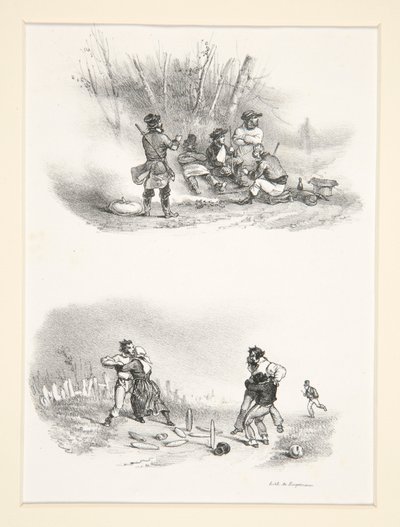 Deux sujets: Cinq chasseurs; Un homme et une femme - Paul Gavarni