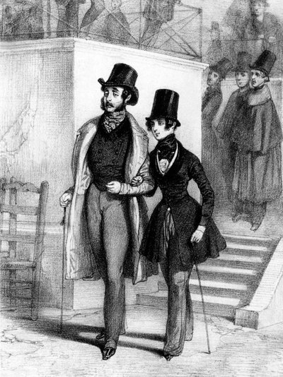 George Sand (à droite) habillée en étudiant, et son amant Jules Sandeau à Paris, vers 1831, gravure par Paul Gavarni - Paul Gavarni