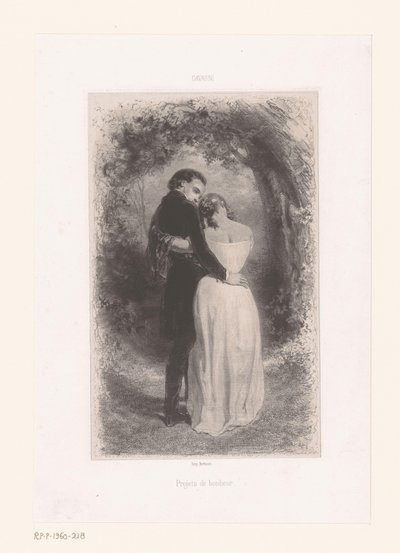 Couple amoureux sur un chemin forestier - Paul Gavarni
