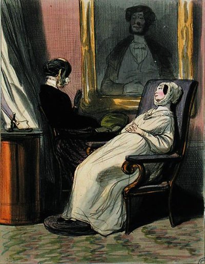 Femme enceinte avec sa mère (lithographie en couleur) - Paul Gavarni