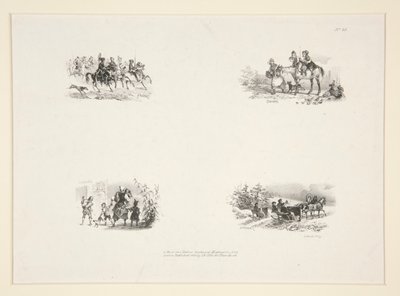 Quatre sujets: Une cavalcade; Quatre enfants; Une paysanne portant un petit enfant; Voyageurs - Paul Gavarni