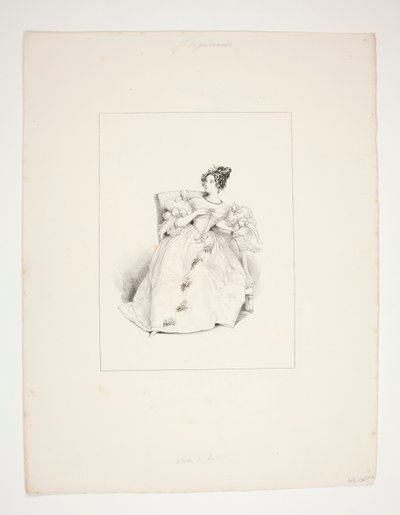 Robe de bal. Coiffure Jouenne, fleurs de Nattier. - Paul Gavarni