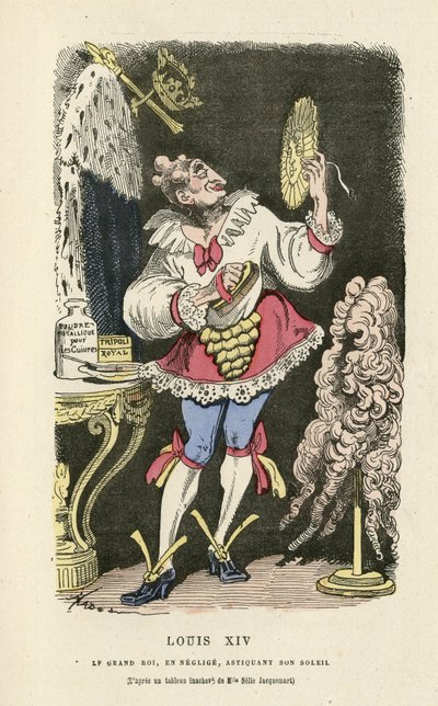 Illustration de Hadol (1835-1875) dans Histoire de France tintamarresque, vers 1880 - Maquillage, Ancien régime, Soleil, Perruque - Louis XIV - Paul Hadol