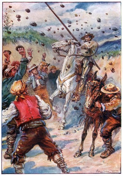 Ils ont bombardé Don Quichotte avec une pluie de pierres, illustration de 