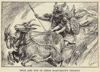 Thor et Tyr dans leur char tiré par des chèvres - Paul Hardy