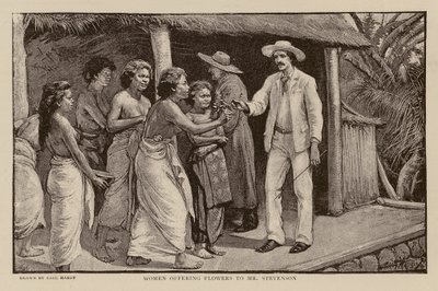 Femmes offrant des fleurs à Robert Louis Stevenson (gravure) - Paul Hardy