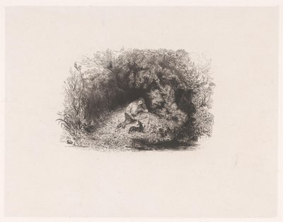 Page de titre avec homme lisant avec un chien dans une forêt (Verschillende voorstellingen door Paul Huet, Six Eaux-Fortes) - Paul Huet