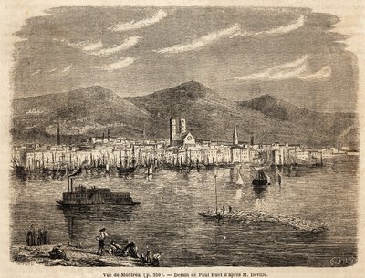 Vue de Montréal, dessin de Paul Huet (1803-1869), pour illustrer les voyages en Amérique du Nord en 1854-1855, par L. Deville. Gravure dans "Le tour du monde" 1861. Collection Selva - Paul Huet