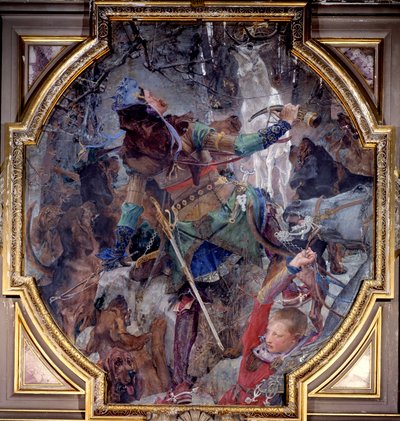 La vision de Saint Hubert, qui en chassant dans une forêt, voit miraculeusement Dieu apparaître sous la forme d